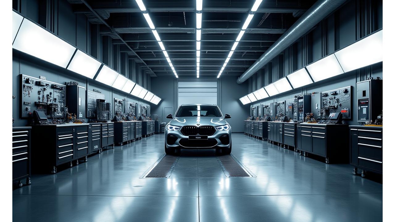 Interior view of Carbon Auto Atelier's pristine, high-tech automotive workshop
