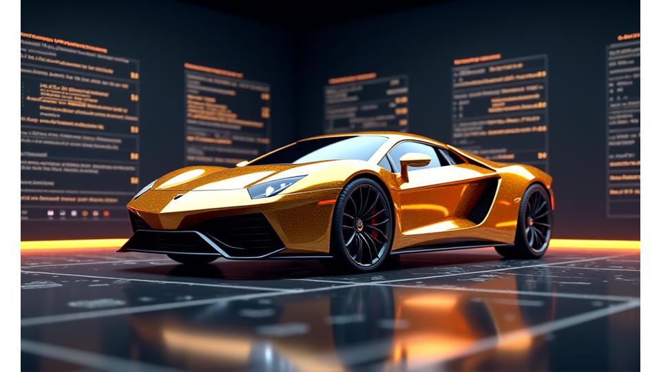 3D rendering of a car with a half-applied wrap, showing digital design layers