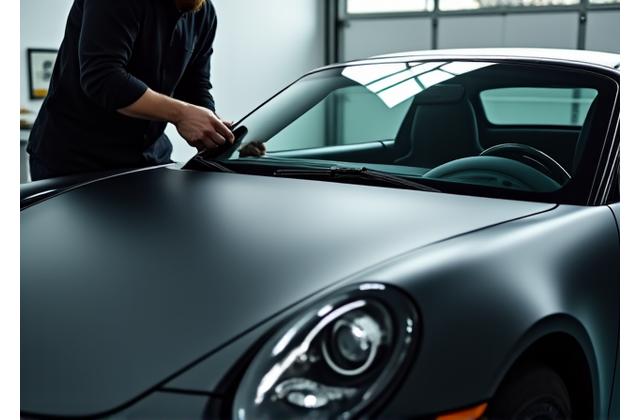 A luxury car undergoing a full body wrap, showing a seamless application