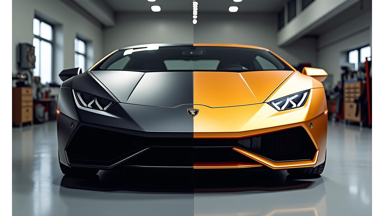 Before and after comparison of a car wrapped in a custom matte metallic finish