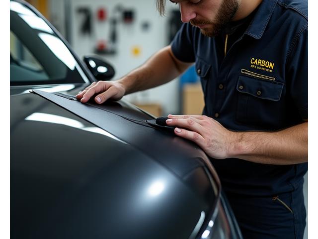 Skilled technician meticulously applying vinyl wrap to a car panel with a squeegee