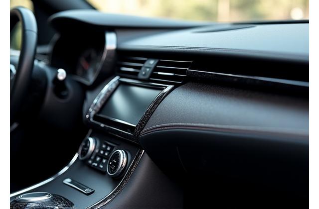 Close up of a car's dashboard with interior trim wrapped in a new texture, like carbon fiber