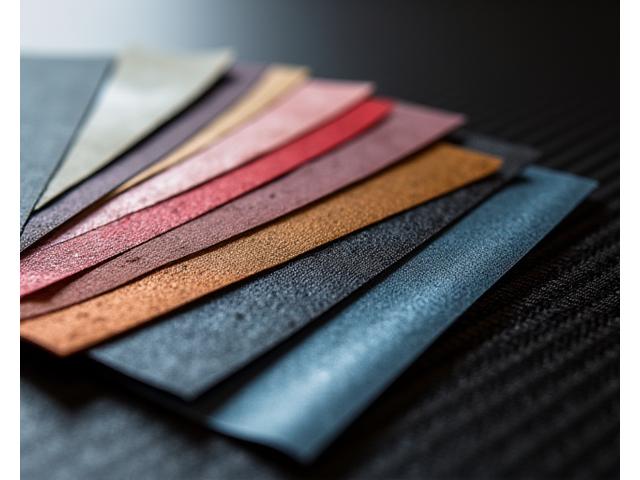 Close-up view of various vinyl wrap material swatches including matte, gloss, satin, carbon fiber and metallic finishes