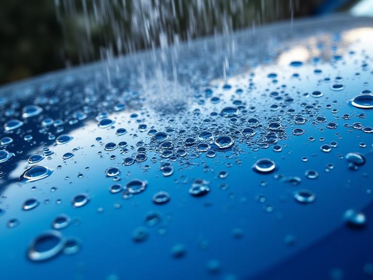 Close-up of water beading on a ceramic coated car surface