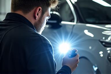Technician performing final quality check on a newly ceramic coated car