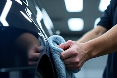 Technician meticulously preparing car paint before ceramic coating