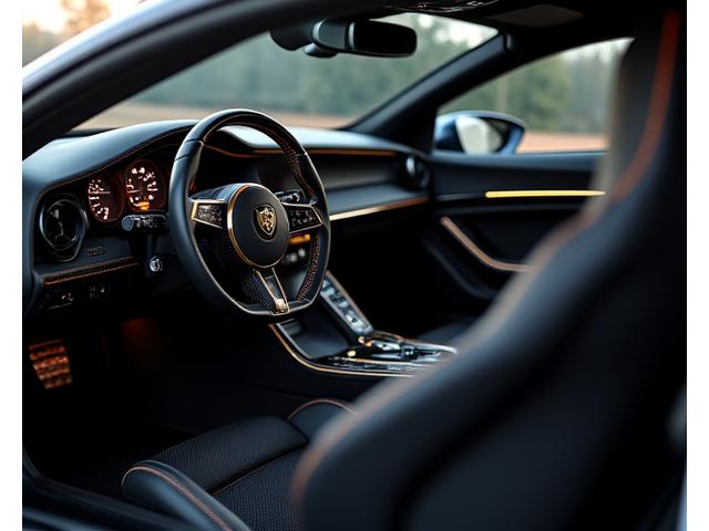 Sleek, high-performance car interior with glowing accents, representing luxury and advanced technology, in a dark studio setting.