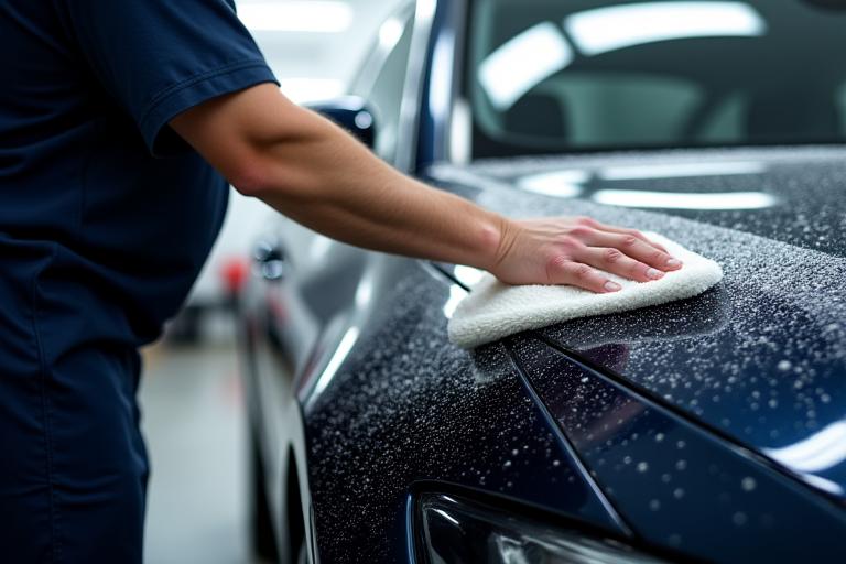 A professional detailer meticulously cleaning a car's surface using a waterless wash product and microfiber towel, illustrating water conservation.