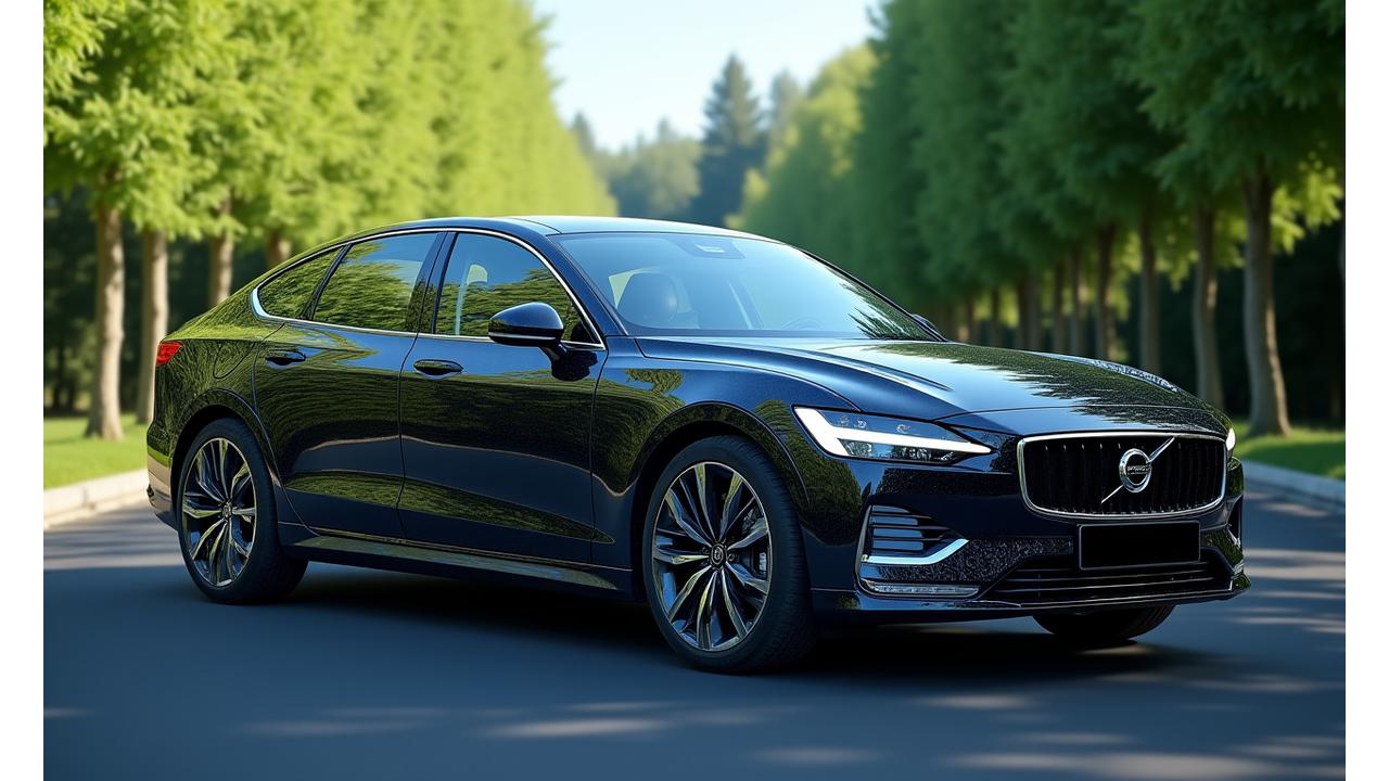 Close-up of a luxury car's detailed exterior reflecting lush green foliage, showcasing pristine finish with a subtle digital overlay representing environmental data, clean and sustainable automotive practices.