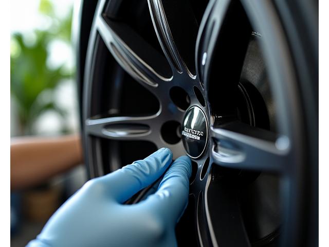 Close-up of a sleek alloy wheel undergoing a sustainable finishing process, with a technician wearing eco-friendly gloves.