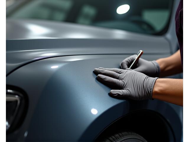 A bio-based automotive vinyl wrap being carefully applied to a car's fender, showcasing its flexible, matte finish.