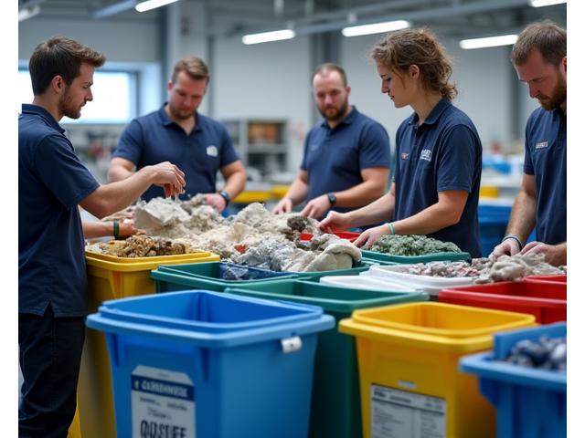 Team members at Carbon Auto Atelier sorting automotive waste for recycling, showcasing dedicated bins for different materials, emphasizing responsible disposal.