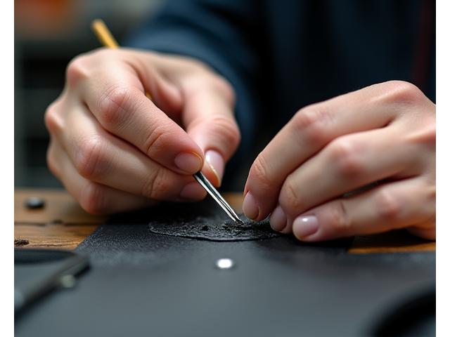 Skilled artisan meticulously stitching luxury leather for custom car interior, showcasing extreme detail and focus.