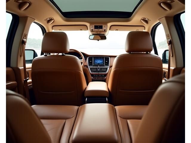 Before and after view of a luxury SUV interior, updated with premium tan leather and sophisticated wood accents.