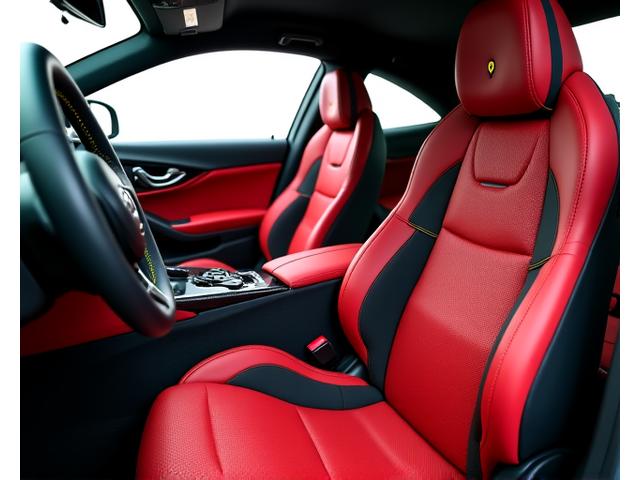 Before and after view of a sport sedan interior, transformed with red bespoke leather and carbon fiber accents.