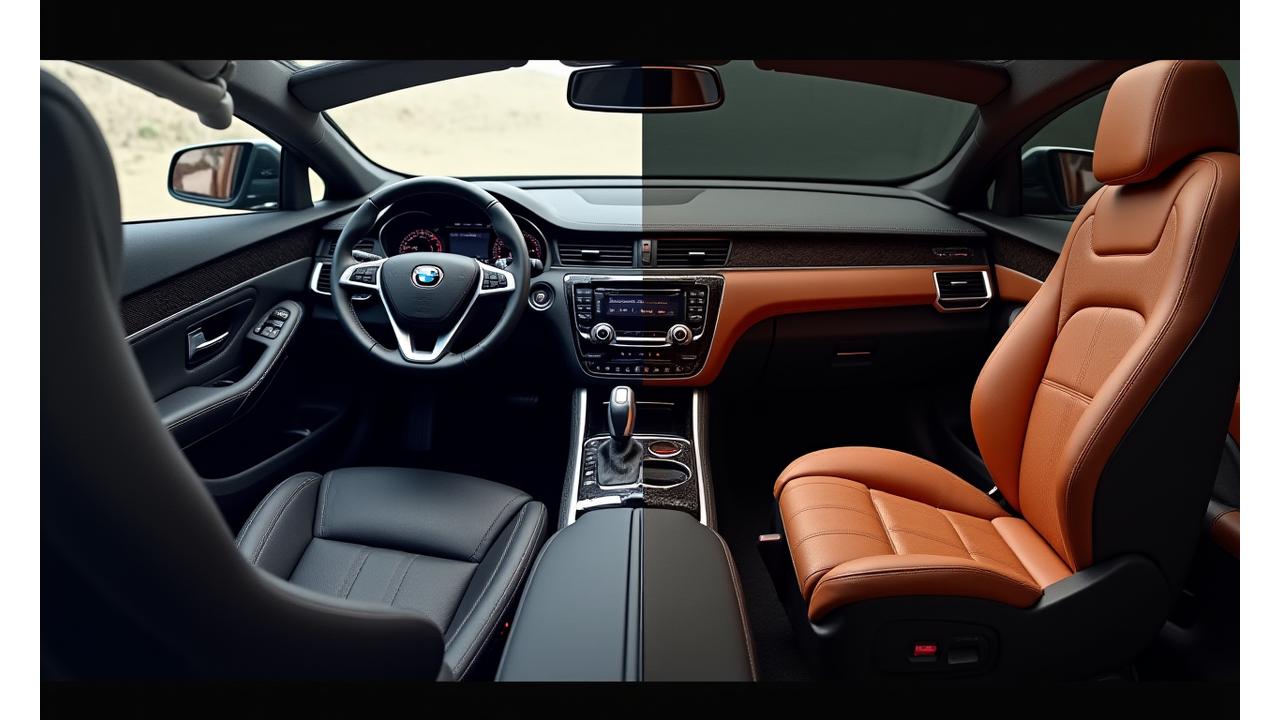 Before and after interior transformation of a luxury car cabin, showcasing bespoke upholstery and design details.