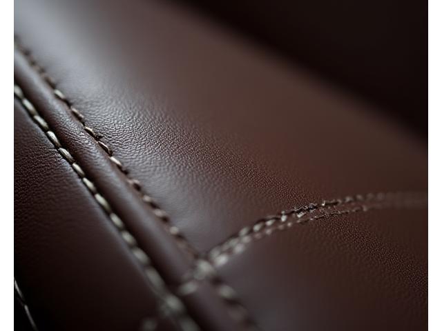 Close-up of premium Nappa leather upholstery with intricate stitching in a luxury car interior.