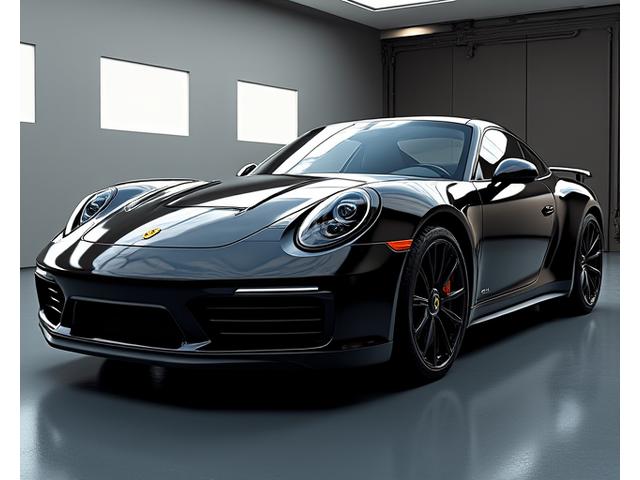 Luxury car with invisible paint protection film applied, showcasing a flawless, high-gloss finish under studio lights.