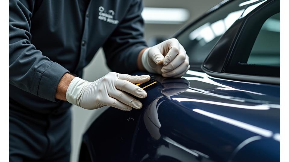 Technician meticulously applying paint protection film to a luxury car fender in a clean, well-lit auto atelier, showcasing precision tools.