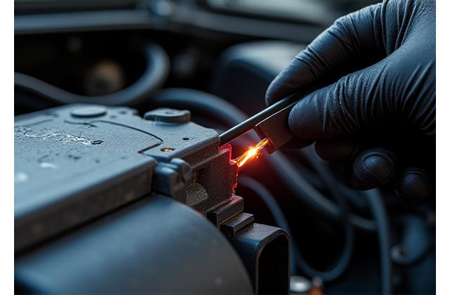 Open car hood with a technician connecting a laptop to the ECU, subtle glow.
