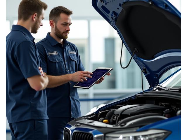 Technician looking at engine bay with a tablet, discussing with car owner.