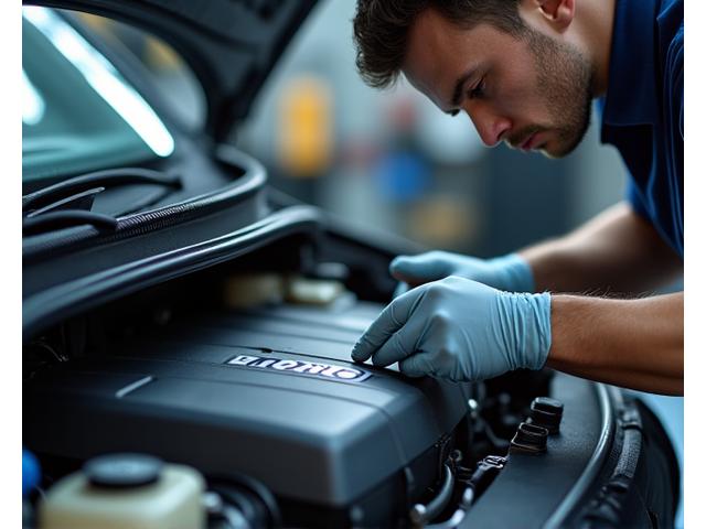 Technician performing a safety check on a car engine, precision tools visible.