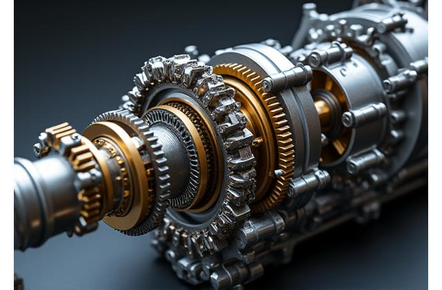 Close-up view of a high-tech transmission system, gears visible.