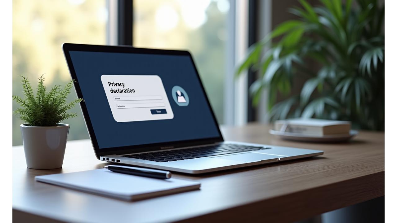Modern desk with a laptop displaying a privacy declaration, a pen, and a subtle icon representing communication, emphasizing open dialogue about data protection