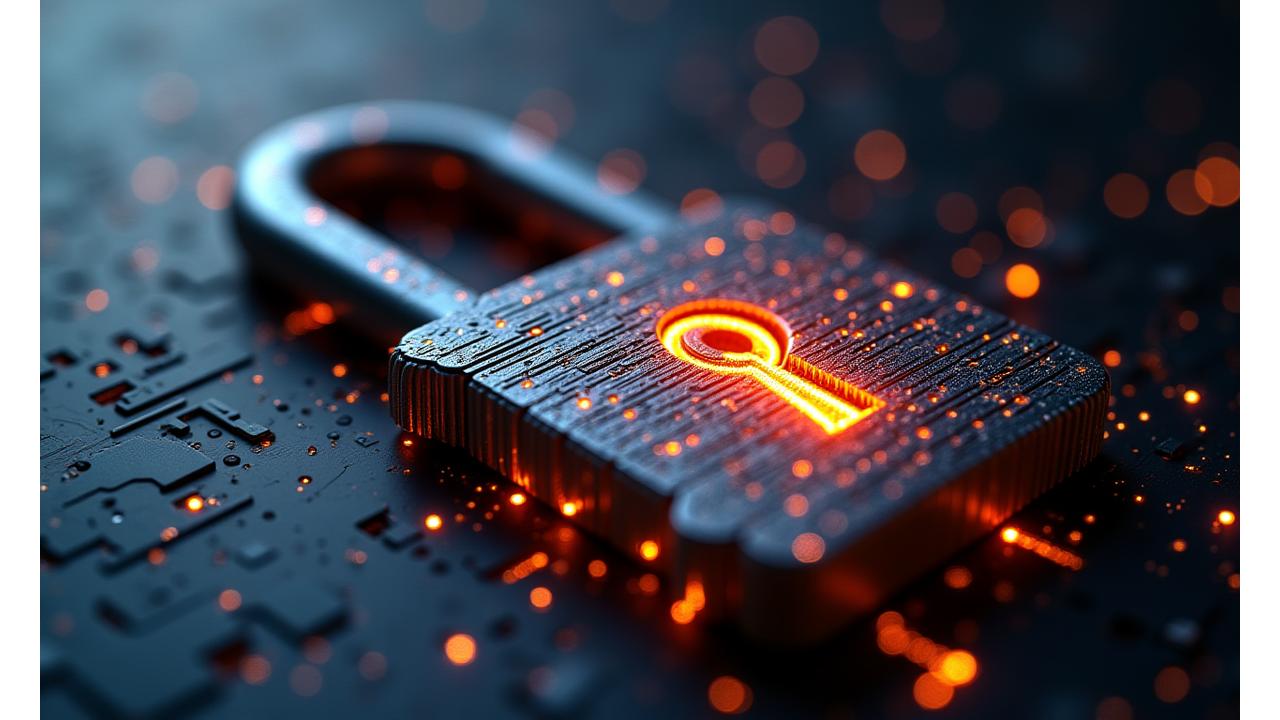 Close-up on a sophisticated digital lock icon overlaid on intertwining data streams, signifying advanced data encryption and security