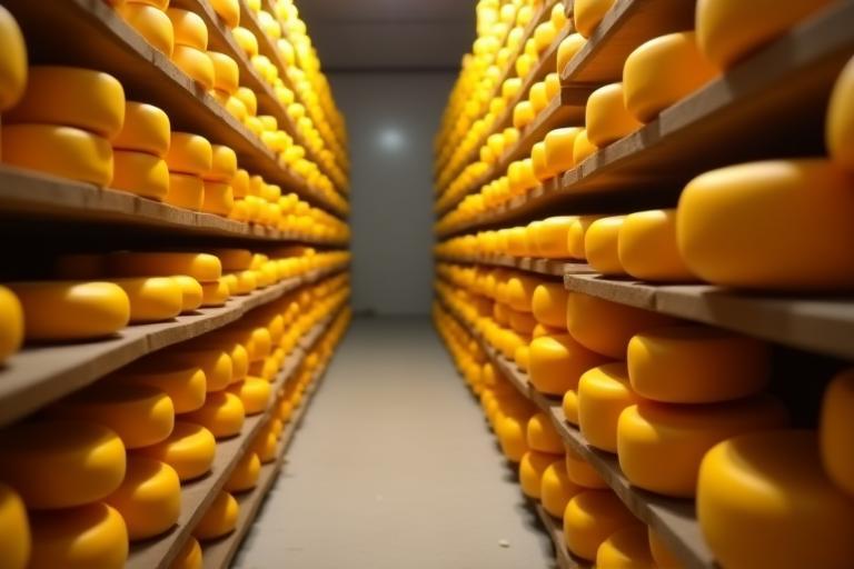Grote stapels Goudse kaaswielen rijpen in een kaaskelder