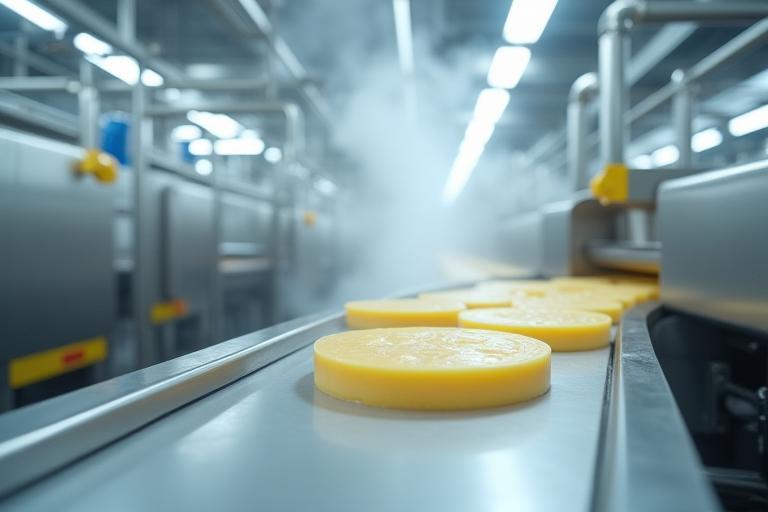 Moderne kaasproductielijn in de fabriek