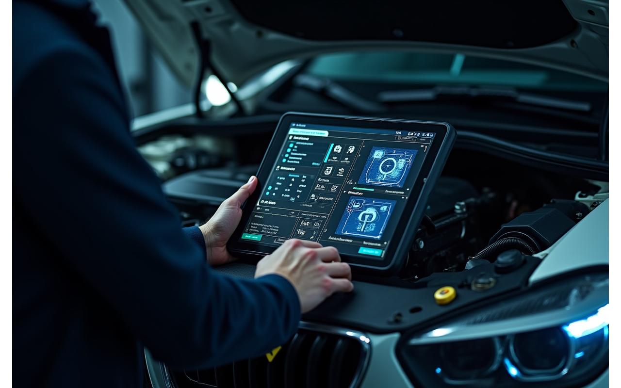 Technician using advanced diagnostic equipment on a car engine
