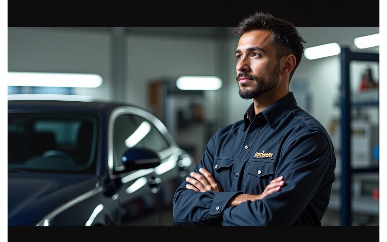 Certified automotive technician working on a car in a modern workshop