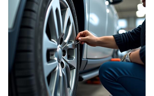 Tires being rotated and inspected for pressure and tread depth