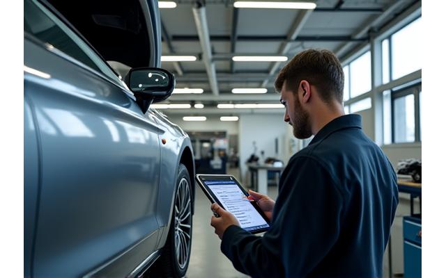 Technician performing a comprehensive vehicle inspection