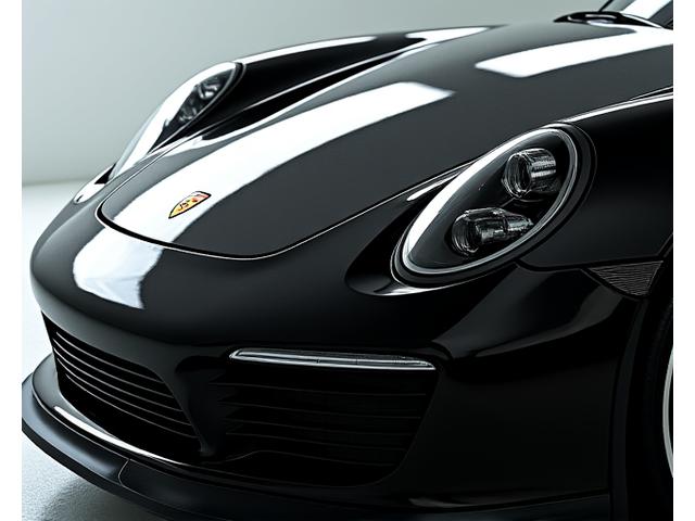 Gleaming exterior of a dark luxury car, polished to a mirror finish, with reflections of studio lights