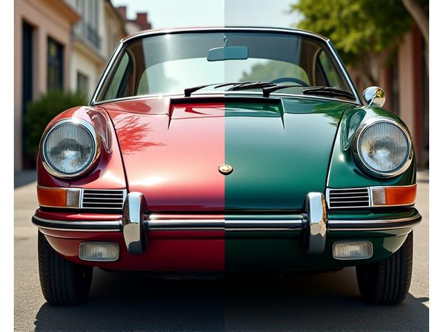 Before & After: A classic vintage car, half showing hazy chrome and faded paint, the other half showcasing highly polished chrome and deeply restored paintwork
