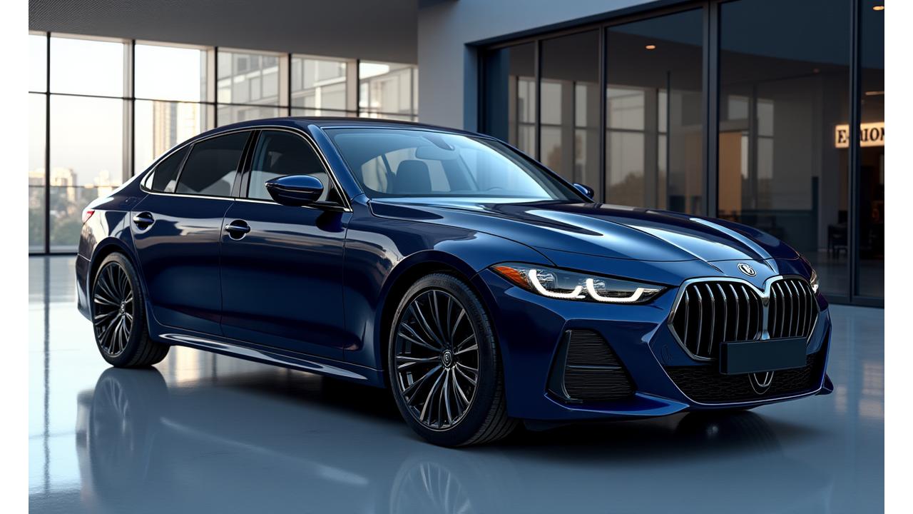 After detailing: the same car with a gleaming, mirror-like finish, deep reflections, and polished wheels