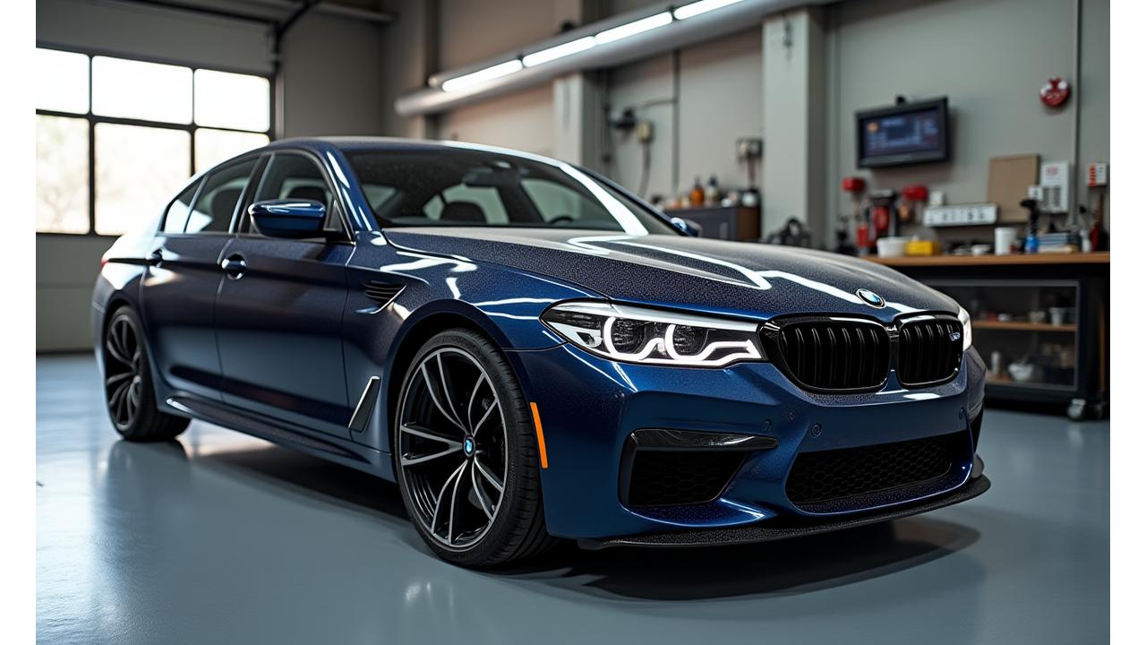 Before detailing: a car with visible dirt and swirl marks on its dark blue paint