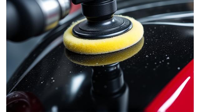 Close-up shot of a car's black paint being polished by a rotary tool, showing reflections and a high gloss finish