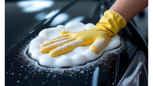 Professional detailer carefully hand washing a car with rich foam, emphasizing a gentle touch