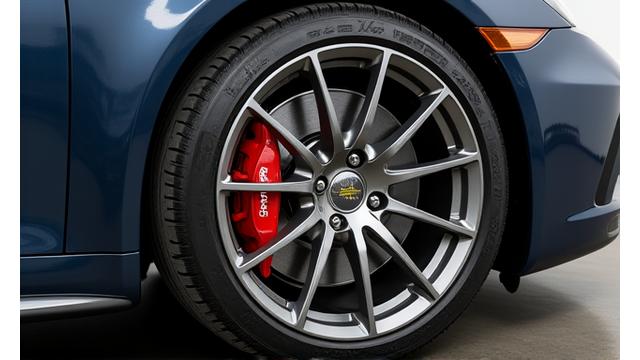 Close-up view of a perfectly cleaned and dressed alloy wheel and tire on a luxury car, showing intricate spoke design