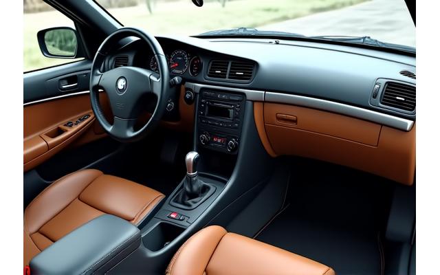 After interior detailing: sparkling clean dashboard, deeply conditioned leather seats, and spotless new-looking floor mats, all gleaming