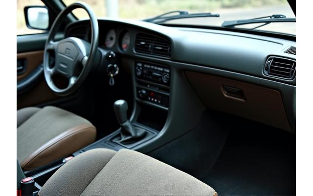 Before interior detailing: dirty dashboard with dust, stained seats, and worn floor mats