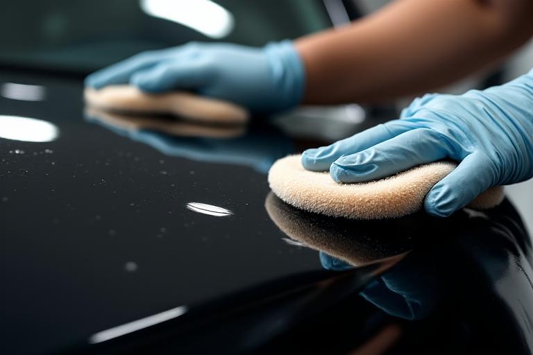 Close-up of a professional detailer applying a high-quality wax to a car's paint, showing a clear reflection